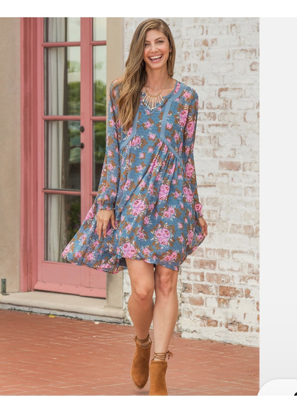 Matilda Jane “To The Nines” Blue Floral High-Low Dress with Pink Flowers